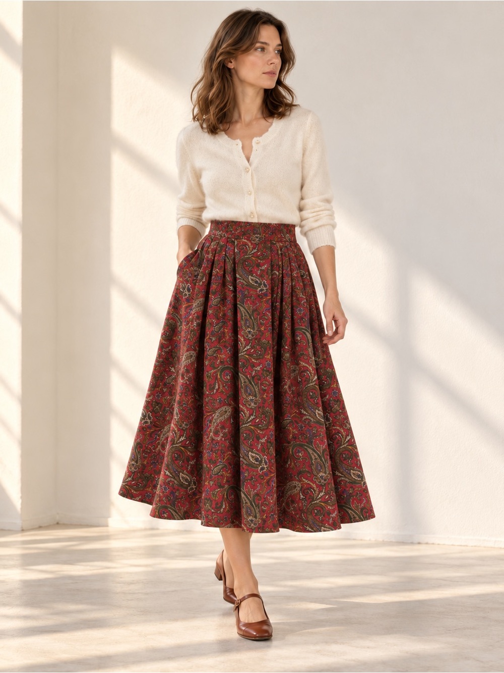 Vintage Steinbock Red Paisley Virgin Wool Midi Skirt Pockets Sz US 4 Austria